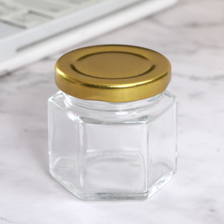 54 x 60ml Hexagon Shape Glass Jars Gold Lid