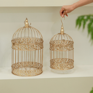 Set of 2 Gold Wedding Round Bird Cage Card Keeper Wishing Well Decoration Centrepiece