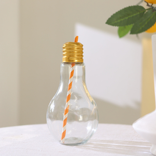 60 x Clear Glass Light Bulb Shaped Drinking Bottle With Straw - 500ml